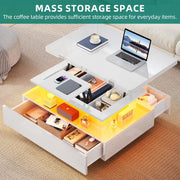 Mesa de centro elevable YITAHOME, mesa de salón de alto brillo con 2 cajones y LED, mesa de centro con compartimento oculto, mesa de café convertible en mesa de comedor