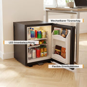 TZS First Austria - Mininevera de 30L completamente silenciosa - Pequeño minibar, puerta reversible e iluminación interior - Mininevera para camping, oficina, dormitorio y hotel - Negro mate