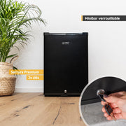 TZS First Austria - Mini refrigerador de 40L silencioso con cerradura - Pequeña mininevera con puerta reversible y luz interior - Minibar para camping, oficina, dormitorio y hotel - Negro mate