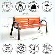 REKORD Banco de jardín 196 x 64 x 76 cm Banco de exterior robusto de metal y madera con respaldo resistente a la intemperie para parque, terraza y patio delantero - Spartan BIS - Caoba