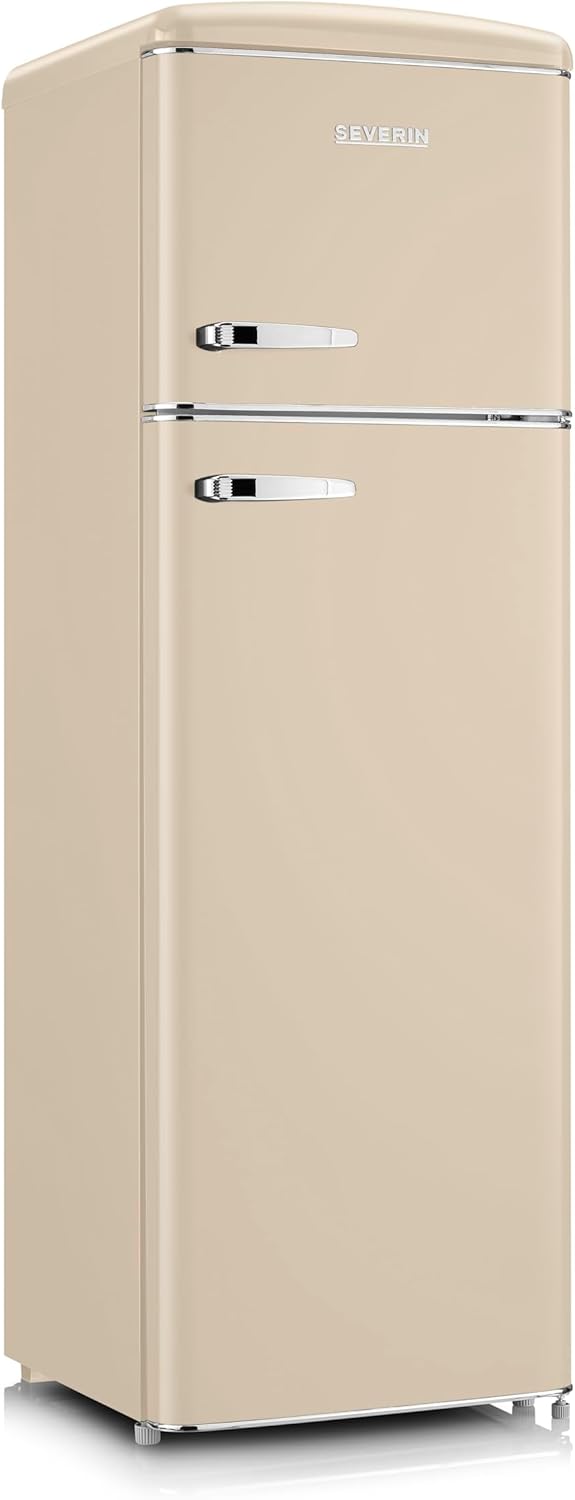 Severin Frigorífico Congelador de 2 puertas, Independiente, Frigorífico de Doble Puerta con Congelador, Anchura 55 cm, 246 L, Clase D, Estilo Retro, Crema, RKG 8985