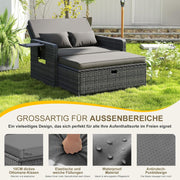 Muebles de salón de ratán para exteriores UDPATIO, muebles de balcón, sofá de jardín con taburete, sofá de ratán con espacio de almacenamiento, cama de jardín ajustable de 2 plazas para terraza, balcón, jardín, gris jaspeado y fundas gris oscuro