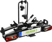EUFAB 11521 Portabicicletas PREMIUM 2, apto para bicicletas eléctricas, completamente premontado, antirrobo, para 2 bicicletas, para bola de remolque, negro, plata