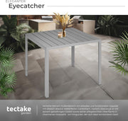 tectake® Mesa de jardín, mesa de comedor para exterior, mesa de balcón con aspecto de madera, mesa de terraza con marco de aluminio, muebles de jardín resistentes a la intemperie, 90x90x74,5 cm, mesa para jardín, salón, conjunto de asientos - Plata