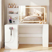 Tocador YOUDENOVA con iluminación LED, espejo grande y enchufes, tocadores con 3 cajones y 3 estantes, 4 compartimentos inferiores, tocador esquinero en forma de L, 120x80x136cm, blanco