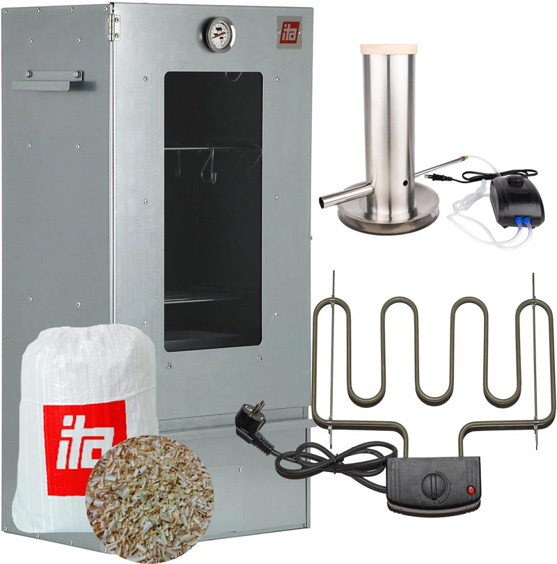 Ahumador Eléctrico ITA 7000 - Conjunto de Ahumador con Calefacción, Generador de Humo - Armario de Ahumado con Ventana y Termómetro - Aleación de Acero - Calidad UE, 81 cm con 3 Niveles