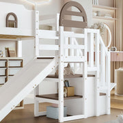 Kinderbett Etagenbett 90x200,Hausbett Hochbett mit Rutsche&Regal&Stauraum Treppe,Bettgestell mit Rausfallschutz&Lattenrost, Funktionsbett Stockbett Spielbett Jugendbett,Kiefernholz,Ohne Matratze,Weiß