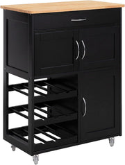 SoBuy Carrito de servicio con ruedas, carrito de cocina con encimera, carrito auxiliar con cajones, botellero, isla de cocina, estante de cocina de pie, mueble para cocina, comedor y exterior, negro, 67x86x38 cm, FKW45-SCH