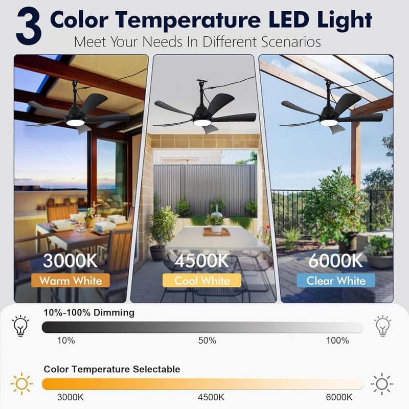 Ventilador de techo para exteriores con luz IP65 resistente al agua, 106 cm, silencioso, con iluminación y control remoto, regulable, 6 velocidades, temporizador, lámpara con ventilador para terraza y cenador, negro