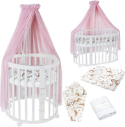 Cuna ovalada evolutiva Waldin, set completo 7 en 1, cuna de barrotes, cama infantil con colchón, cambiador, cuna colecho, madera blanca