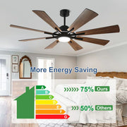 Ventilador de techo con luz, control remoto y 8 aspas grandes de madera