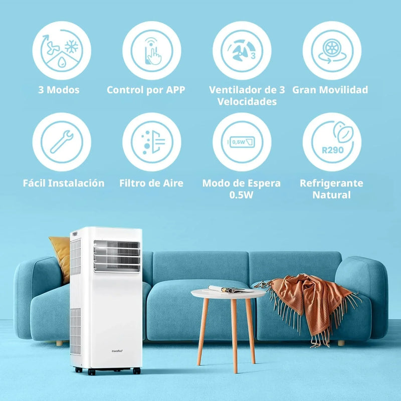 Aire Acondicionado Portátil COMFEE 9000 BTU/2300 Frigorías Breezy Cool Pro – Climatizador sin unidad exterior, Bajo Consumo, Control por App y Kit de Ventana – Refrigera, Ventila y Deshumidifica