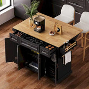 54 Isla de cocina grande con ala abatible de madera de caucho, carro de cocina rodante con textura repujada sobre 4 ruedas con 4 puertas y 3 cajones