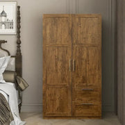Armario de madera blanca con puertas, cajones y barra para colgar