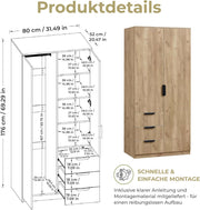 [en.casa] Armario Eiselfing armario con 2 puertas armario ropero 176 x 80 x 52 cm armario de dormitorio 1 barra para colgar 4 compartimentos 3 cajones aspecto roble