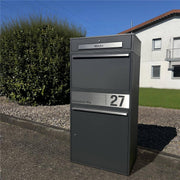 Metzler Paketbox draußen groß XXL, Briefkasten mit Paketfach in Anthrazit RAL7016, Paketbriefkasten, Standbriefkasten, Paketkasten, Personalisiert Edelstahl Namensschild Gravur, rostfrei - Bispo Max 2
