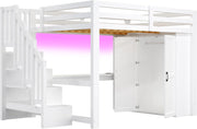 Cama alta de 140x200 con escritorio y estantería, armario, escalera con almacenaje, USB y luces LED, blanco