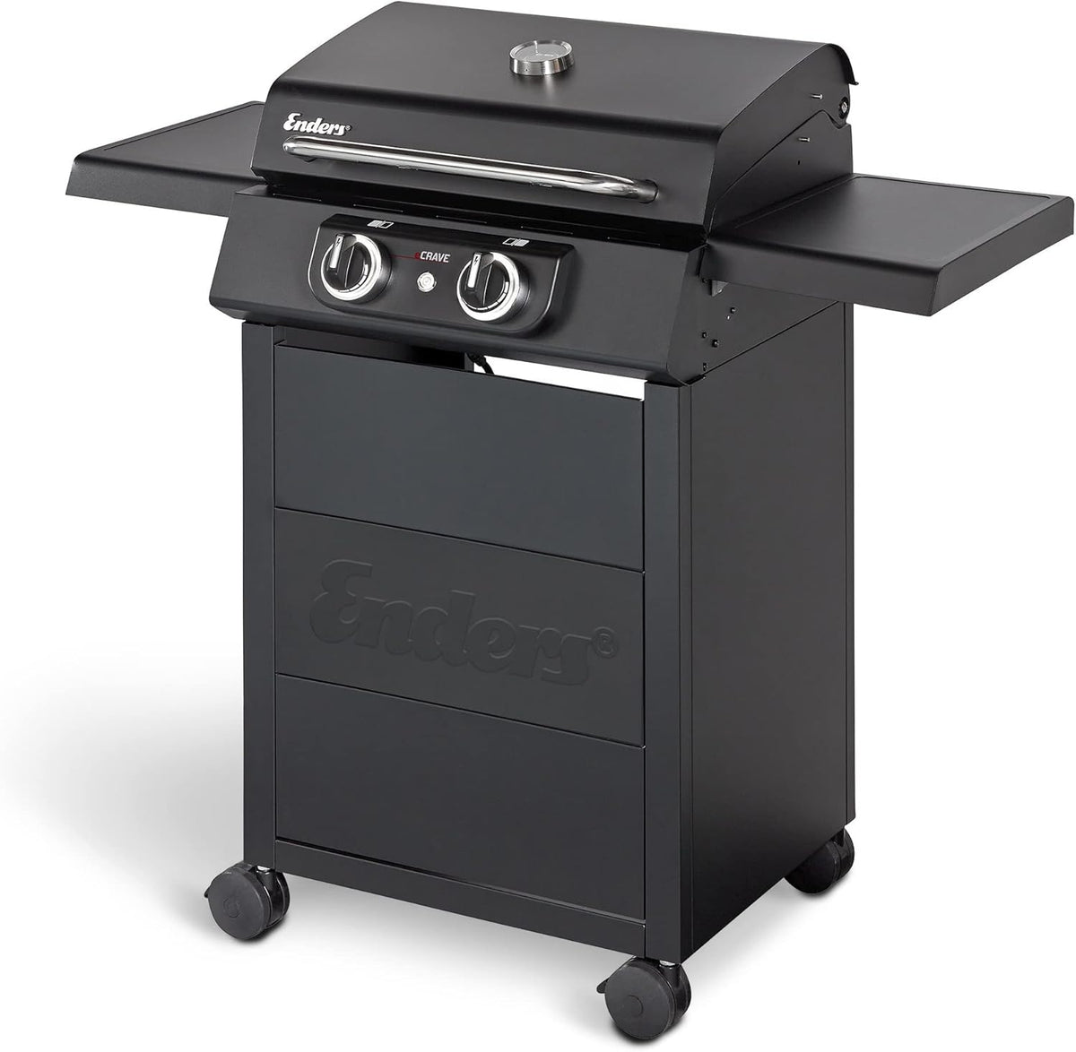 Barbacoa eléctrica Enders® eCRAVE 2, con parrilla de hierro fundido, carro con gran espacio de almacenamiento, sistema de limpieza SIMPLE CLEAN™, 2 potentes elementos calefactores, tapa de cocción estable con termómetro integrado #97116