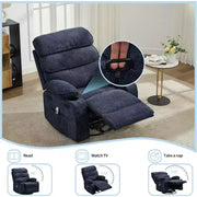 Sillón reclinable mecedor con masaje y calefacción, silla reclinable giratoria de 360 grados para adultos, silla de guardería de lino con bolsillo lateral y dos portavasos
