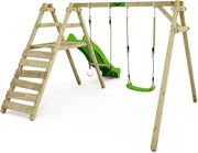FATMOOSE Columpio JollyJack - Doble con tobogán verde manzana y anexo para trepar, de madera para niños en el jardín