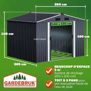 GARDEBRUK Cobertizo de jardín de metal XXL 5m² con cimientos 260x205x180cm, puerta corredera, antracita-metálico, caseta de jardín, cobertizo de jardín 9m³
