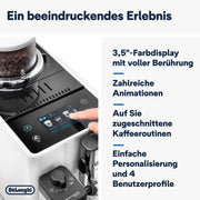 Cafetera superautomática De'Longhi Rivelia EXAM440.55.W con sistema de leche LatteCrema, recipiente de granos intercambiable, 16 bebidas de café y leche con solo tocar un botón, función Extra-Shot, pantalla táctil de 3,5 pulgadas, color blanco