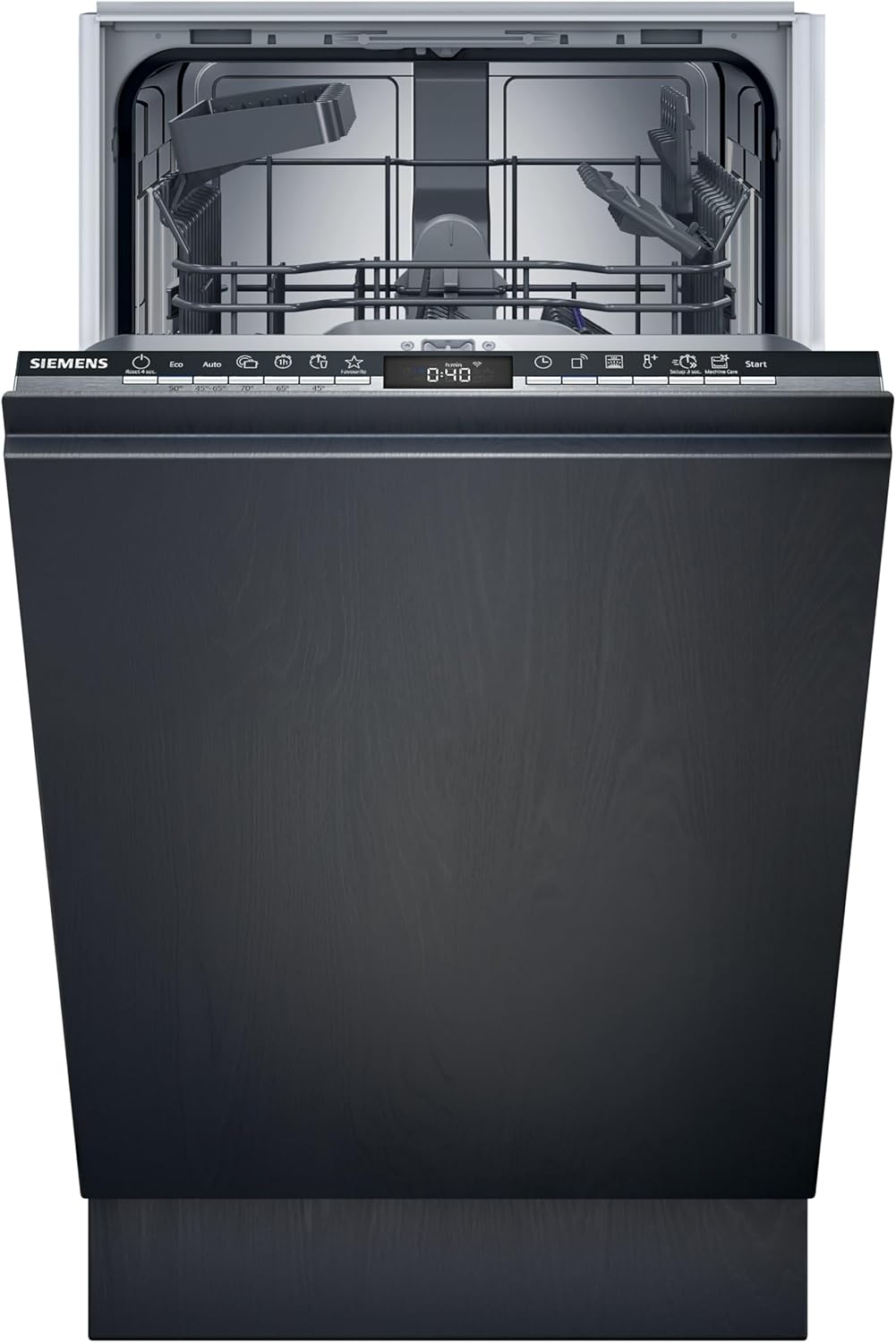 Siemens SR65YX08ME, lavavajillas inteligente iQ500 totalmente integrable, 45 cm de ancho, tercera bandeja para cubiertos, Zeolita, extra silencioso, aquaStop, apertura automática de puerta al finalizar el programa, varioSpeed, iluminación interior