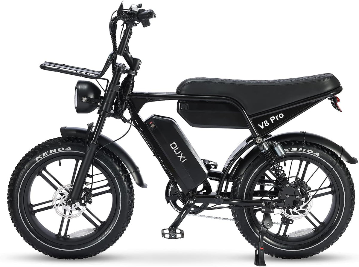 Bicicleta eléctrica OUXI Pro E-Bike Fatbike de 20 pulgadas, batería doble de 2x15Ah con autonomía de hasta 100km, motor de 250W y 60Nm, frenos de disco hidráulicos, suspensión completa, altavoz Bluetooth, portaequipajes delantero