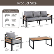 Conjunto de sofá para exterior de 4 piezas para 5 personas con mesa de centro de madera maciza y cojines extraíbles