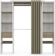 IDMarket - Vestidor extensible doble MERYL 120/180 x 50 x 180 cm blanco con estantes color haya + doble barra para colgar + cortina topo