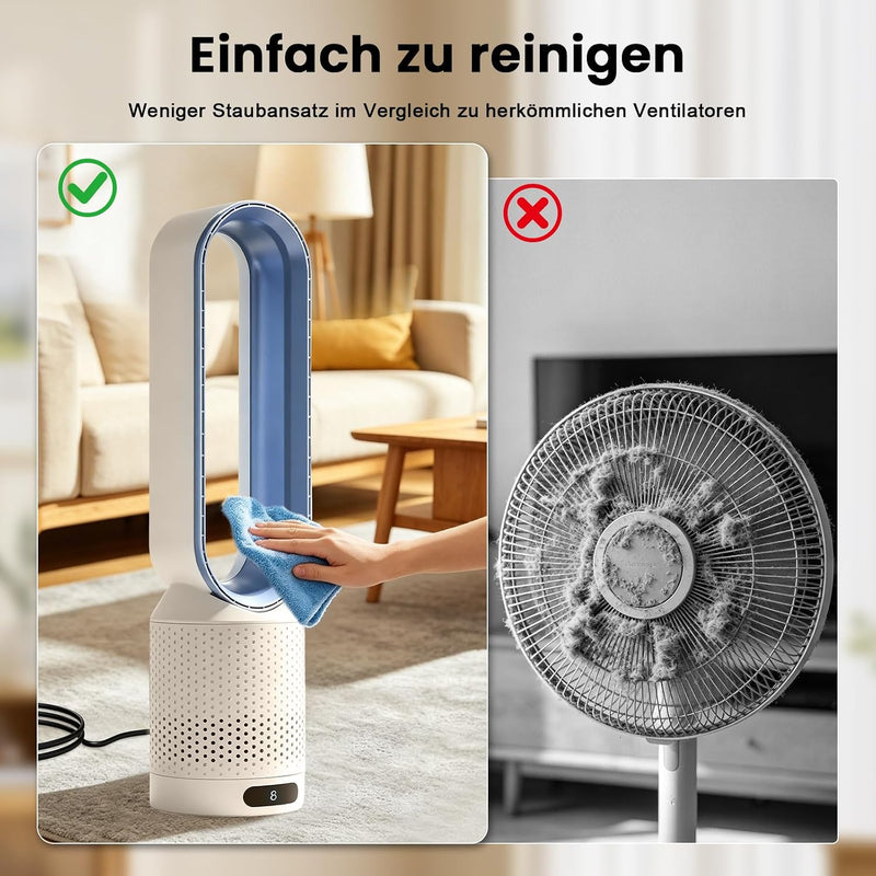 Ventilador sin aspas con mando a distancia, enfriador de aire cooling ace, aire acondicionado portátil, 8 velocidades, oscilación de 90°, temporizador de 2H, ventilador sin aspas de 30W de bajo consumo para dormitorio y hogar (Azul)