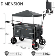 Carrito plegable EA-TR-21830S 225 L hasta 150 kg con freno, techo, manillar de empuje y tracción, 4 ruedas