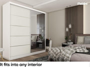 Armario MEBLINI con espejo, 2 puertas - Armario de puertas correderas con barra para ropa - Armario de dormitorio con estantes - Armario - MAKIRA - 200 cm - Blanco/Blanco + Espejo