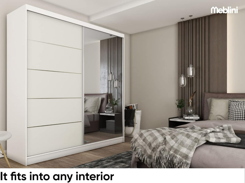 Armario MEBLINI con espejo, 2 puertas - Armario de puertas correderas con barra para ropa - Armario de dormitorio con estantes - Armario - MAKIRA - 200 cm - Blanco/Blanco + Espejo