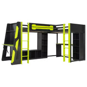 Litera tipo loft en forma de L para juegos con escritorios, litera doble con luces LED, puertos USB, estanterías de almacenamiento, cama alta esquinera de madera para 2 personas