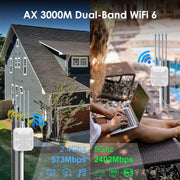 Repetidor WiFi 6 Mesh para exteriores de largo alcance AX3000, punto de acceso Gigabit de doble banda para exteriores WN573HX3 PoE/potente amplificador WiFi inalámbrico (4 antenas de 8 dBi, resistente al agua IP67, MU-MIMO, 256 dispositivos)