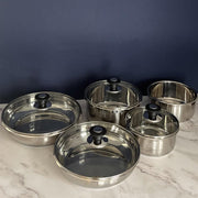 AM5535 : Batería de cocina de 15 piezas Arthur Martin, sartenes y cacerolas de acero inoxidable con accesorios, interior pulido espejo, compatible con todas las fuentes de calor, incluida inducción, color cromo