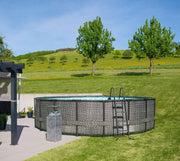 Set de piscina de estructura Summer Waves | Redonda 549x132 cm aspecto ratán gris | Juego de piscina desmontable | Piscina de jardín y alberca incl. bomba de filtrado, tapiz de suelo, cubierta y escalera de acceso