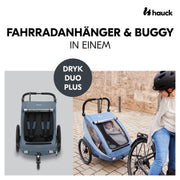 hauck Remolque de bicicleta y cochecito Dryk Duo Plus con suspensión, para 2 niños (6-48 meses), incluye barra de tiro, rueda de cochecito, bandera y luz LED, plegable, altura ajustable, maletero XL (verde oscuro)