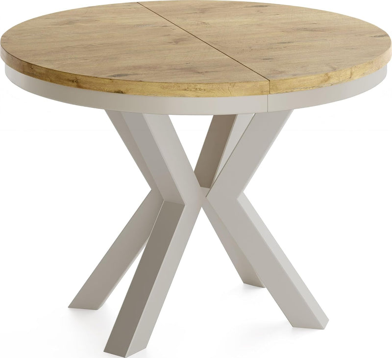 WFL GROUP Mesa de comedor redonda extensible estilo loft - Mesa industrial con patas de metal color cachemira gris beige - Mesa ahorradora de espacio para salón - Roble Lancelot - 100 a 180 cm