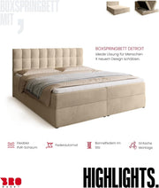 Cama boxspring BROMARKT con colchón Bonell y arcón, cama de matrimonio con topper 180x200cm, grado de firmeza H3, cama para dormitorio con cabecero tapizado, Detroit beige