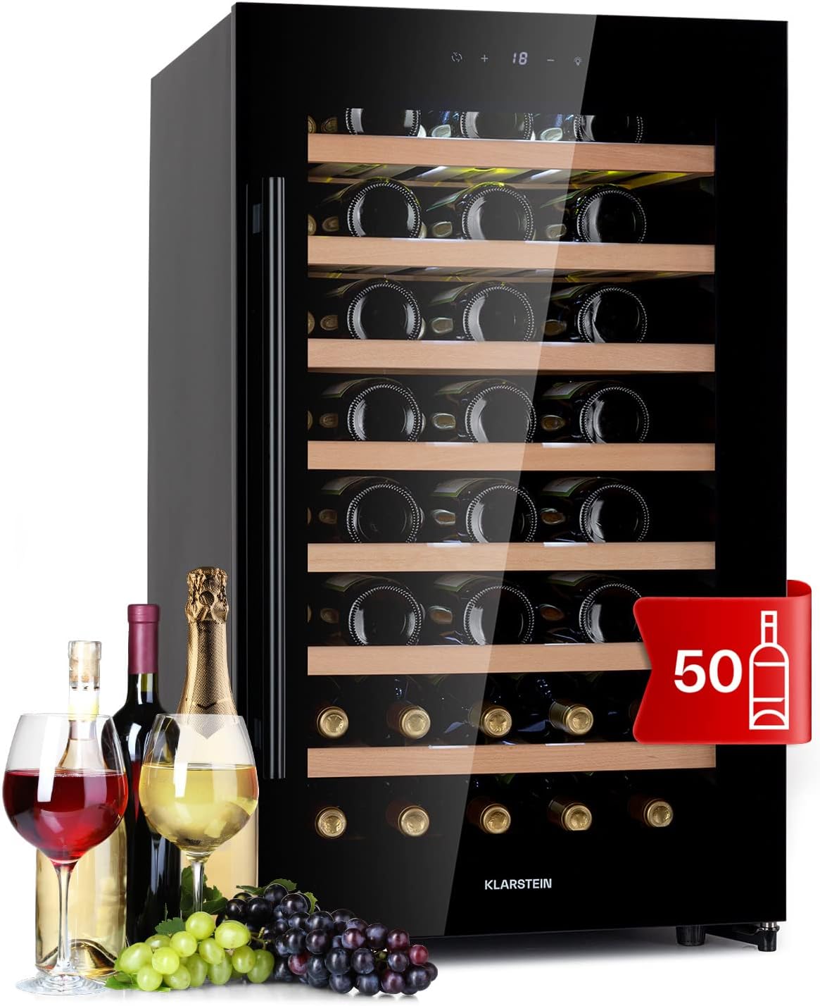 Klarstein Vinoteca, Nevera para Vinos con Puerta de Cristal, Bodega Envejecedora, Zona Única, Prosecco, Cerveza, Pantalla Táctil, Minibar, Frigorífico, Protección UV, 5-18°C, 52 Botellas
