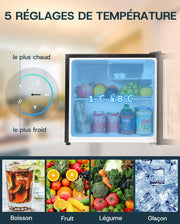 Mini refrigerador Upstreman de 46L con congelador, termostato ajustable, ahorro de energía, silencioso, refrigerador superior con puerta reversible, minibar para dormitorio, oficina, hotel, negro brillante-FR17