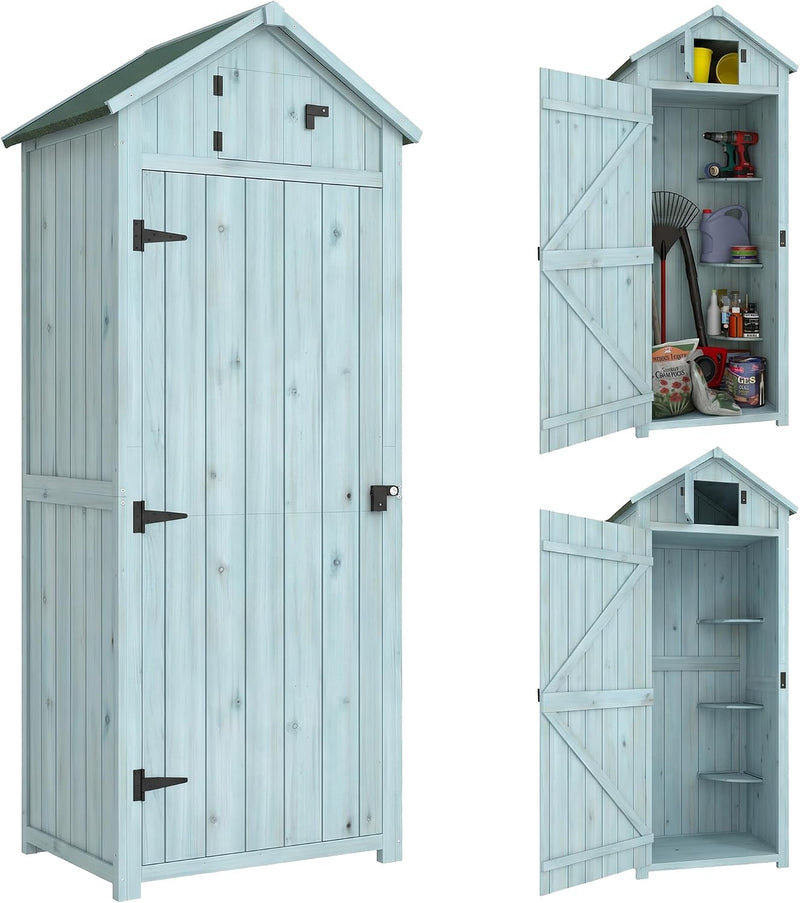 Armario de jardín Outsunny de madera, cobertizo resistente a la intemperie 77x54,2x179cm, caseta con puerta, techo a dos aguas, armario con estantes, armario para herramientas, cobertizo para jardín, terraza, azul claro+verde