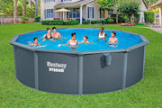 Set completo de piscina con pared de acero Bestway Hydrium redonda 488 x 132 cm, efecto madera gris, piscina de jardín, piscina elevada, filtro de arena