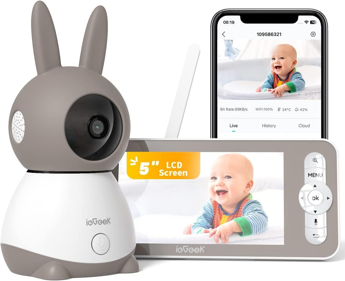 ieGeek Vigilabebés con Cámara 2K/5", Monitor de Bebé con Pantalla de 5" y Control por Smartphone, PTZ 360°, Visiófono con Alertas Inteligentes/Visión Nocturna/Seguimiento Automático
