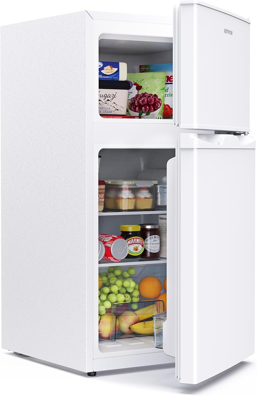 Refrigerador con congelador superior Upstreman 84L, 39dB silencioso y luz LED, refrigerador pequeño con puerta reversible, TM84 blanco