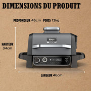 Barbacoa eléctrica Ninja Woodfire, parrilla, ahumador y freidora de aire, barbacoa de exterior 7 en 1, parrilla, freidora de aire, ahumar, asar, horno, resistente a la intemperie, antiadherente, portátil, gris/negro OG701EU