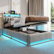 Cama abatible 90x200 cm con LED y puertos USB, cabecero con almacenamiento, cama individual con somier de láminas, fácil de montar, para adultos y adolescentes, terciopelo (gris, 90x200 cm)