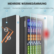 EUHOMY Mini refrigerador de bebidas de 90L para 126 latas con puerta de cristal, estantes ajustables, para hogar, bar, oficina, acero inoxidable negro